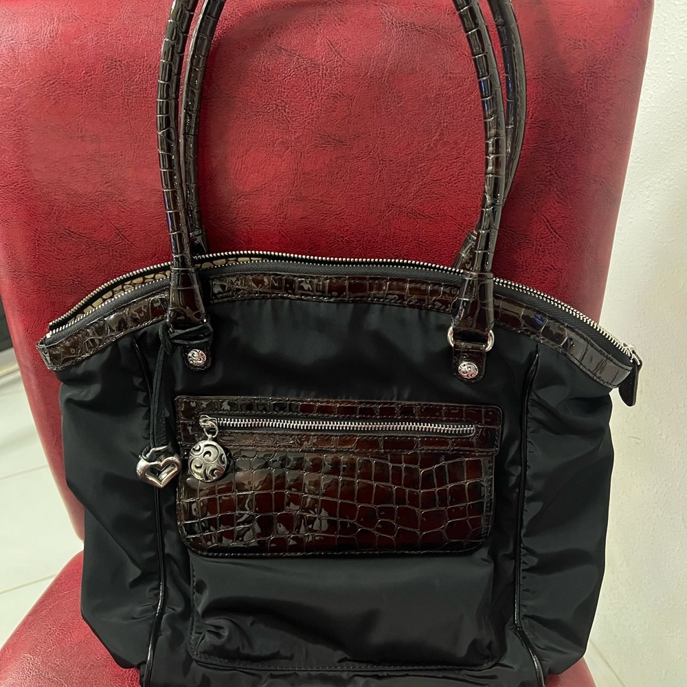 Brighton Black and Brown Shoulder Bag with Crocodile Texture